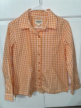 Norm Thompson Women’s PM Orange White Gingham Plaid Button Front Long Sleeve